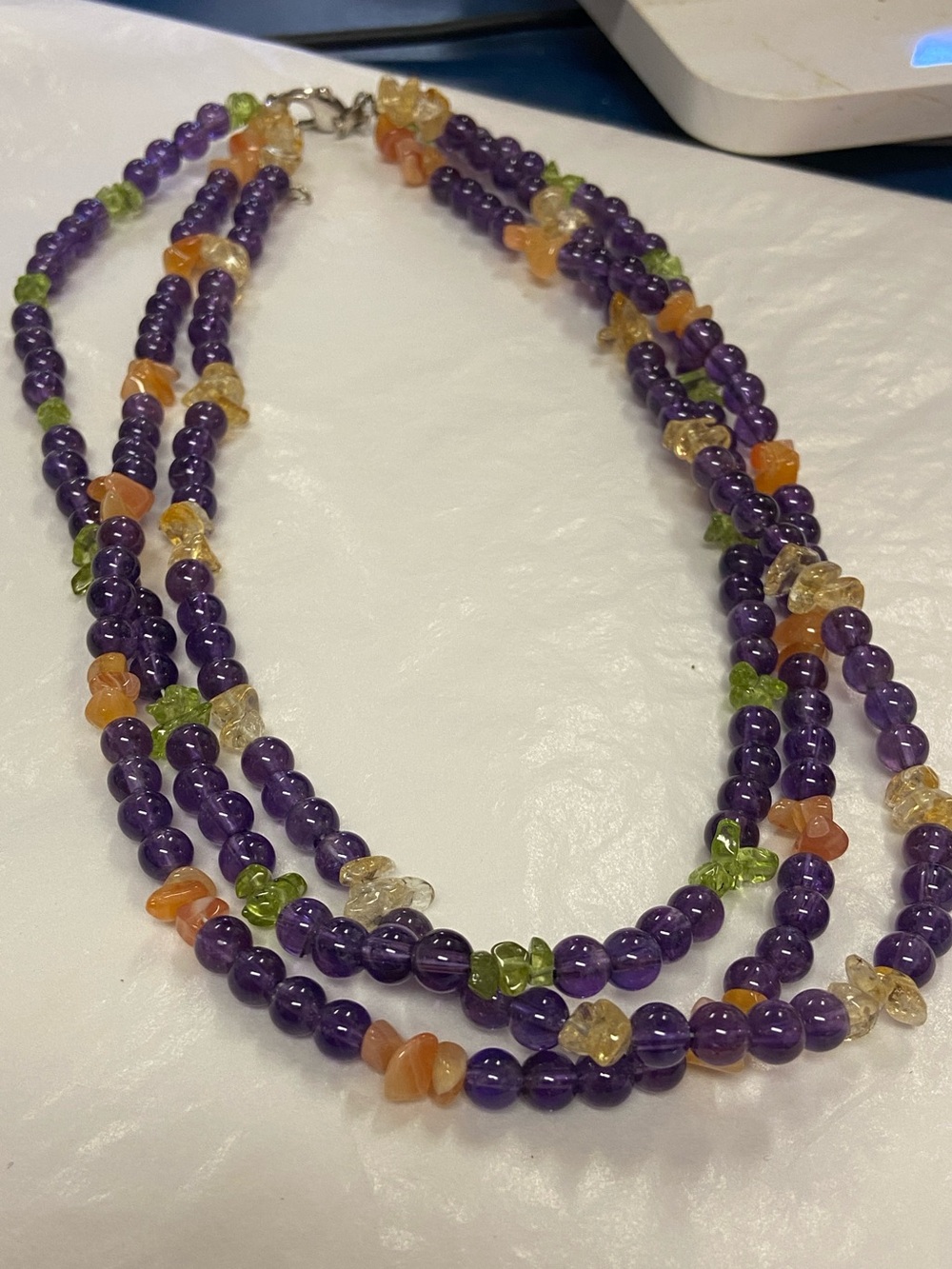 3 Strand Amethyst Peridot Citrine Carnelian Necklace with Sterling Clasp - Picture 2 of 11